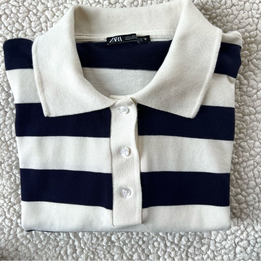 Zara Navy White Striped Long-Sleeve Cotton Rugby Preppy Polo Shirt Top SZ L - Picture 11 of 11